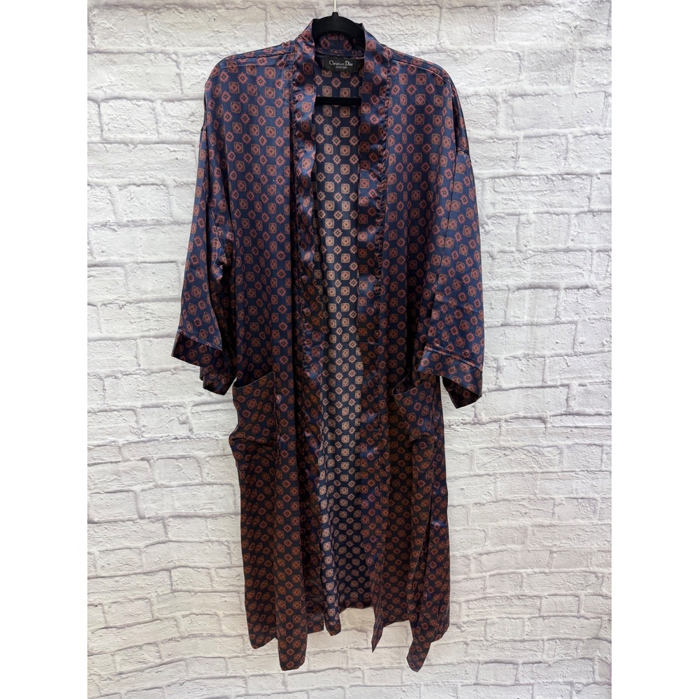 Christian Dior Monsieur Mens Satin Robe Navy Blue Print One Size Vintage - Picture 2 of 11